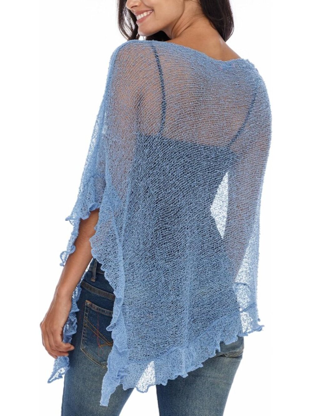 Women’s Baby Blue Sheer Knit Poncho Shrug Lightweight Asymmetrical Ruffle Wraps - Picture 5 of 5